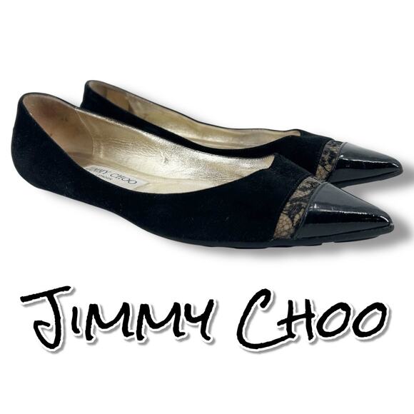 Jimmy Choo Shoes - Jimmy Choo Ginny Ballet Flats Pointed Toe Patent Suede Lace Black Womens 36 (6)